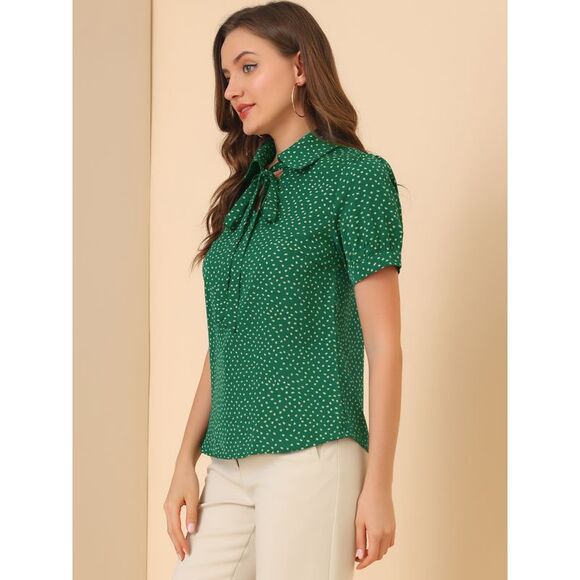 Dots Blouses Bow Tie Peter Pan Collar Chiffon Blouse Dark Green - Picture 4 of 6